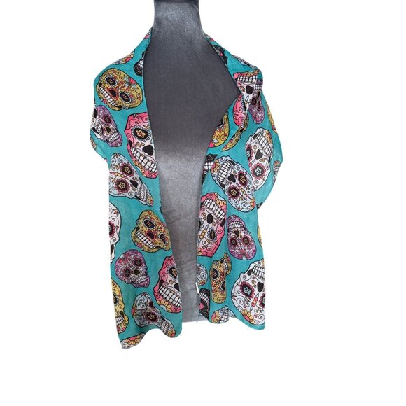 Colorful Sugar Skull Print Sheer Scarf Wrap - Picture 1 of 3